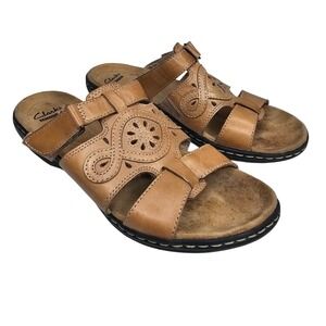 Clarks Leisa Vine Women 8 Tan Leather Slide Sandals Comfort Casual